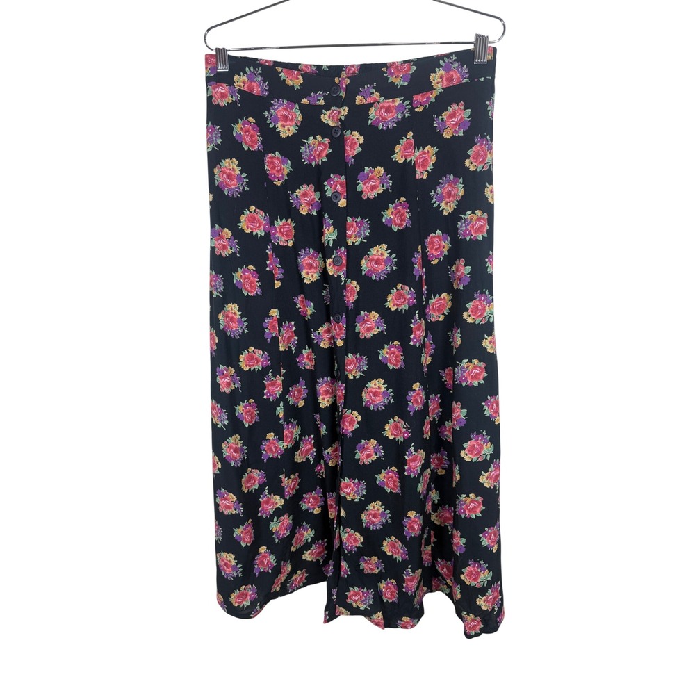 Vintage 90s Floral Button Front Midi Skirt Black Pink Rayon Made in USA Large